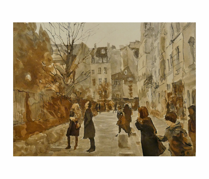 <b>Personnages dans la rue Saint-Julien le Pauvre, Paris 5<sup>ème</sup><br><b>Encre de Chine et encre à la gomme-laque sur papier Velin d'Arches - 40x50cm